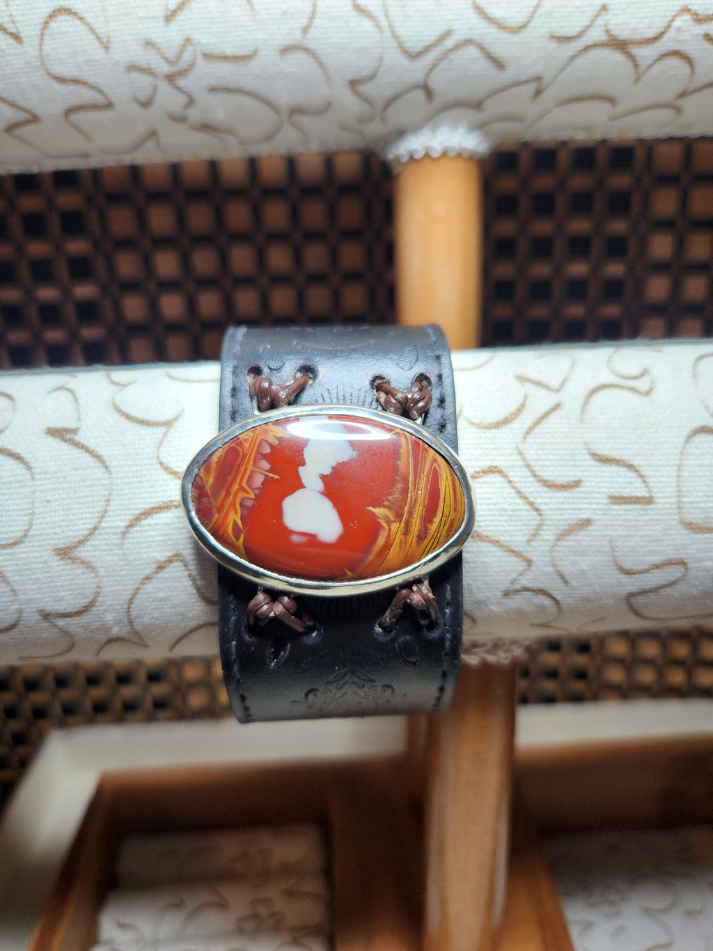 Unakite Leather And Sterling Silver Bracelet