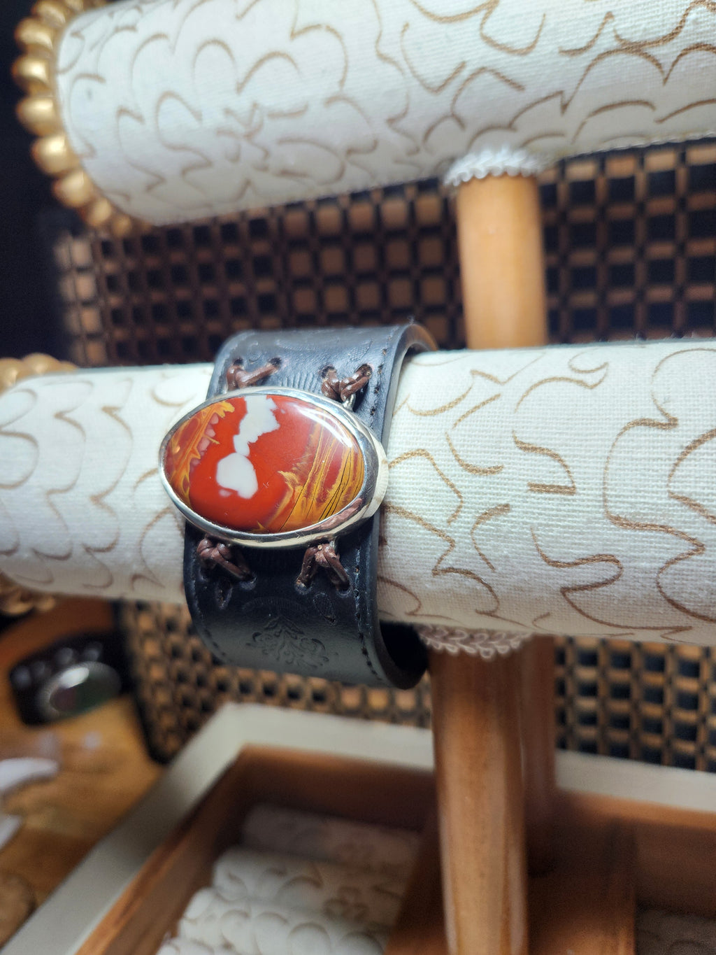 Unakite Leather And Sterling Silver Bracelet