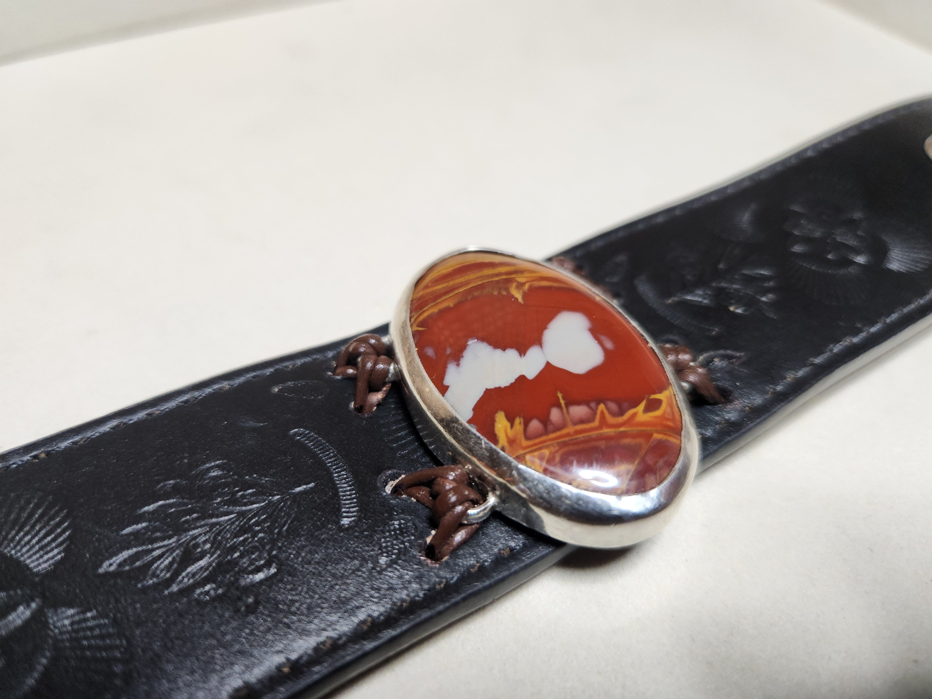 Unakite Leather And Sterling Silver Bracelet