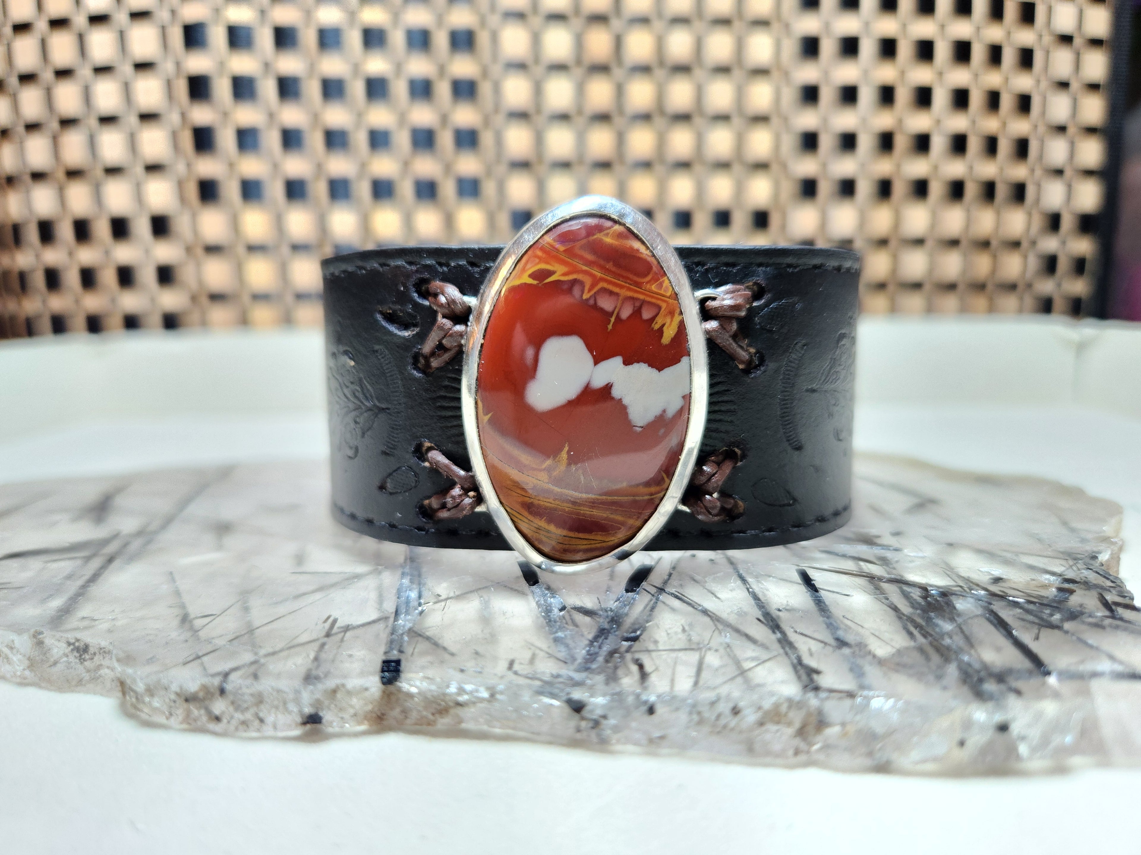 Unakite Leather And Sterling Silver Bracelet