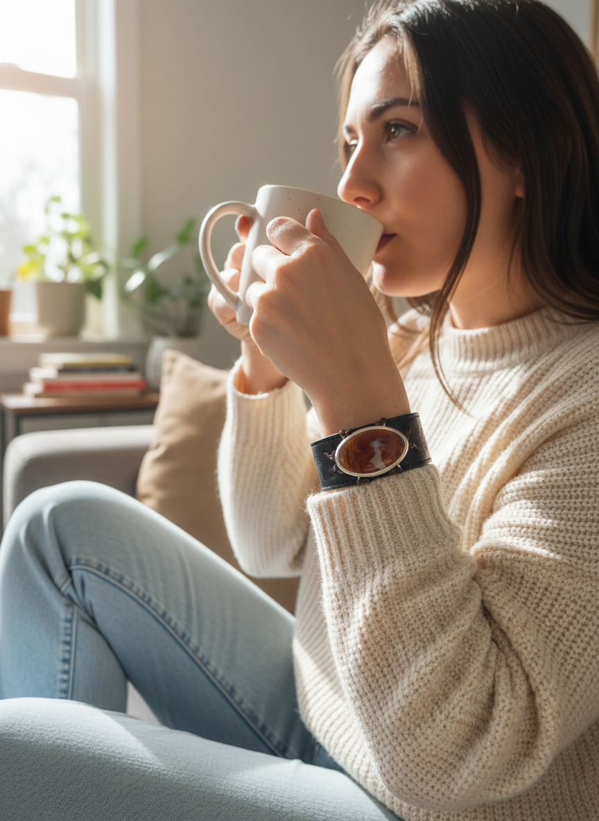 Unakite Leather And Sterling Silver Bracelet