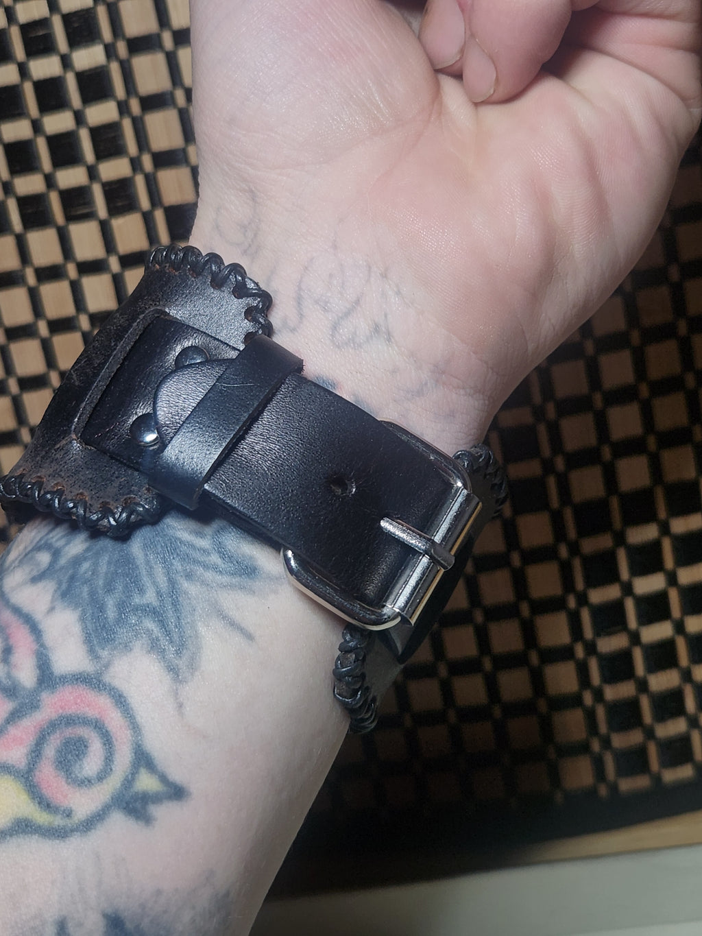 Blue Agate and Chalcedony Sterling Silver and Leather Cuff