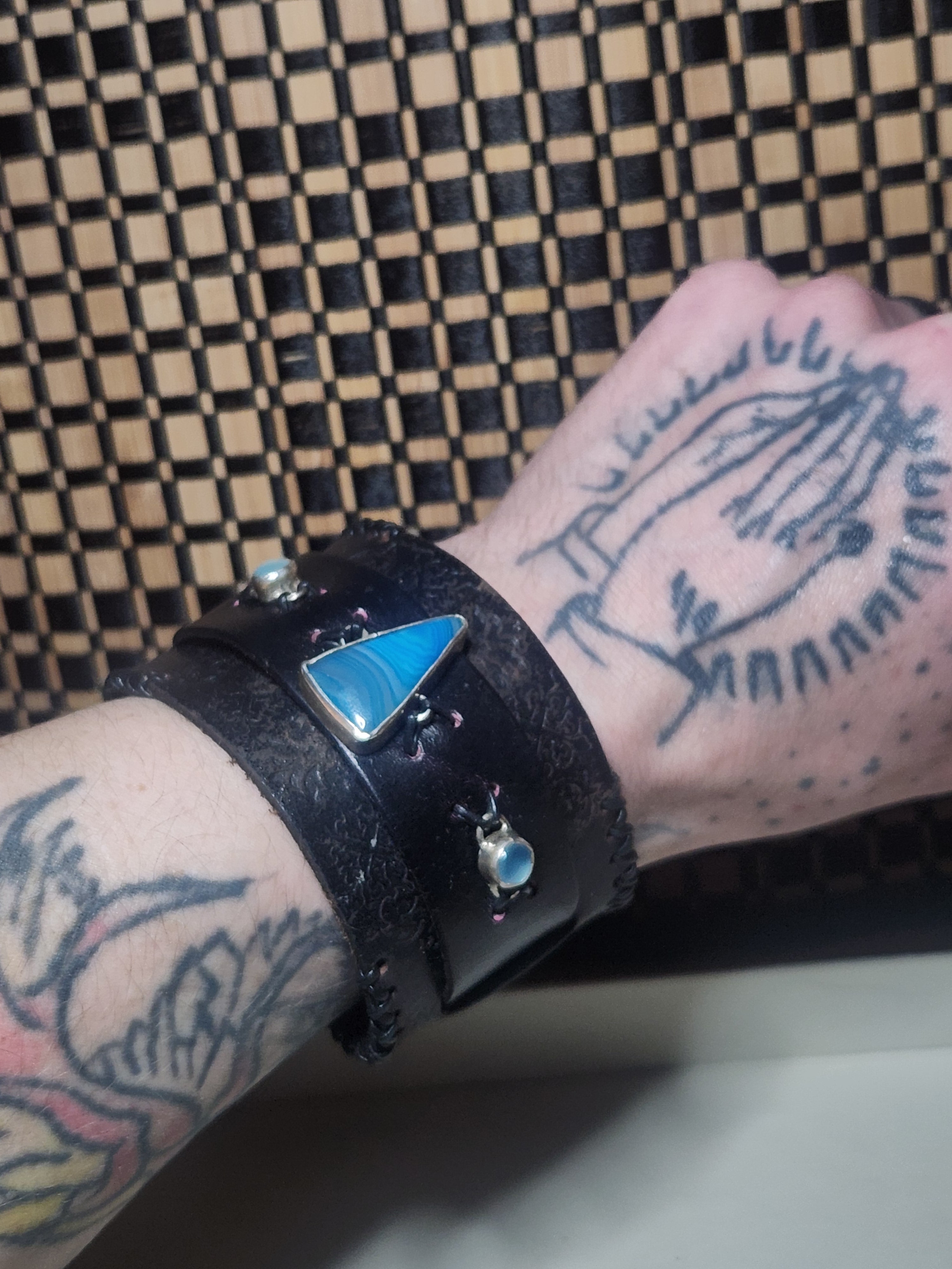 Blue Agate and Chalcedony Sterling Silver and Leather Cuff