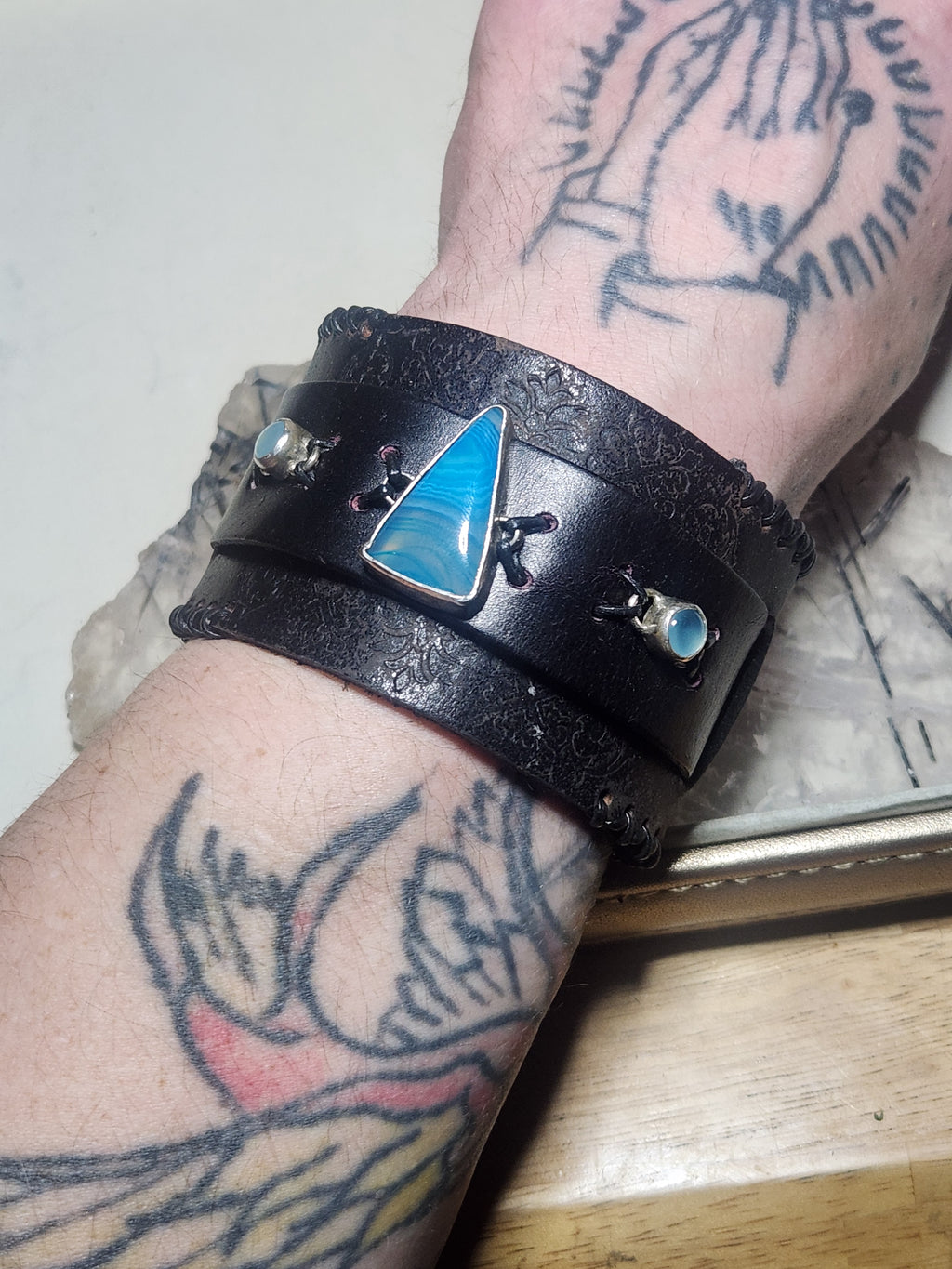 Blue Agate and Chalcedony Sterling Silver and Leather Cuff