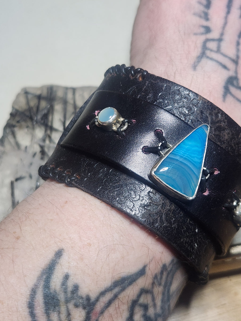 Blue Agate and Chalcedony Sterling Silver and Leather Cuff