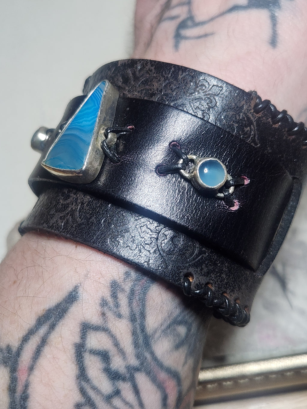 Blue Agate and Chalcedony Sterling Silver and Leather Cuff
