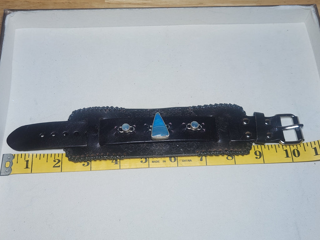 Blue Agate and Chalcedony Sterling Silver and Leather Cuff