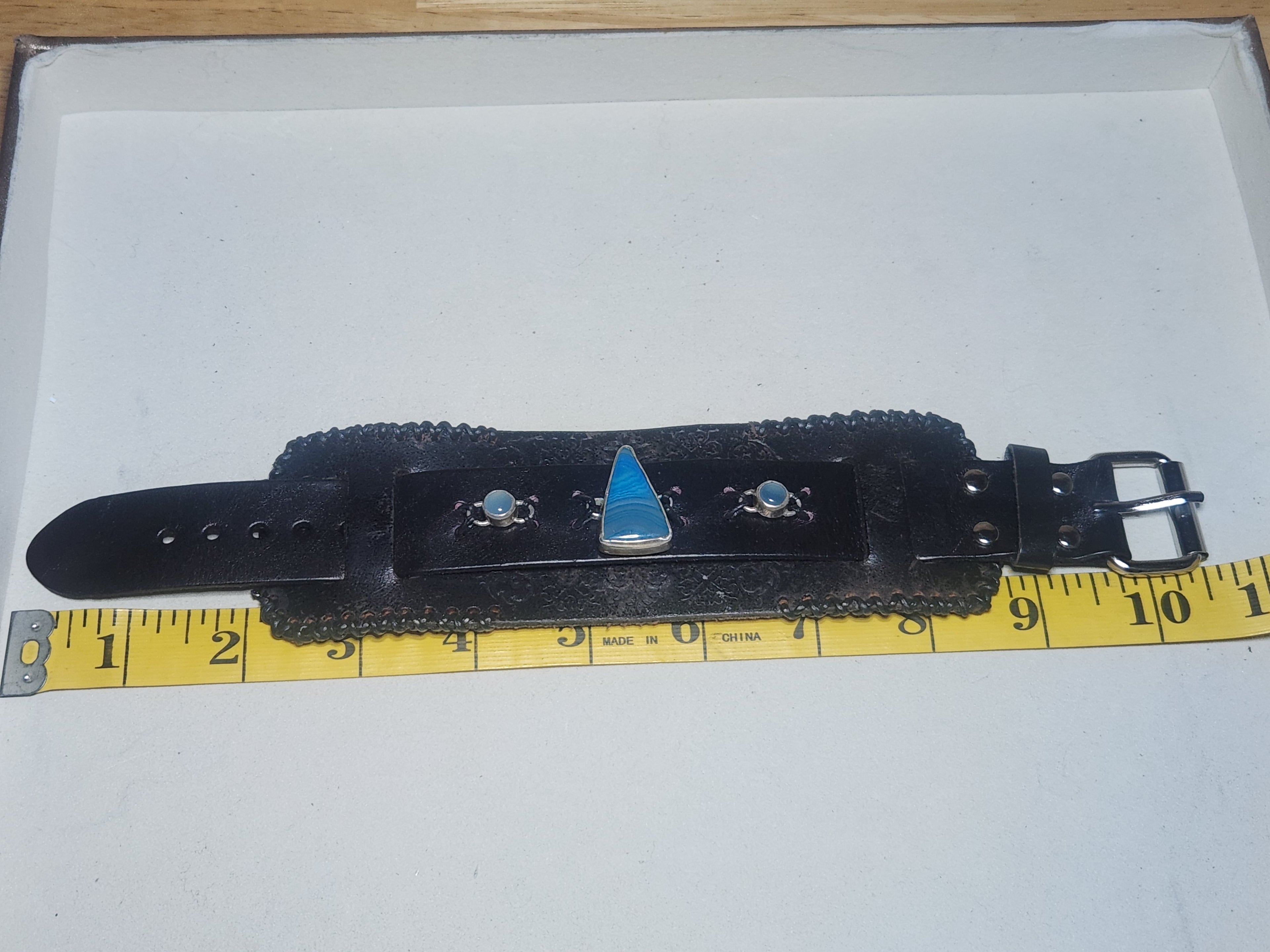 Blue Agate and Chalcedony Sterling Silver and Leather Cuff