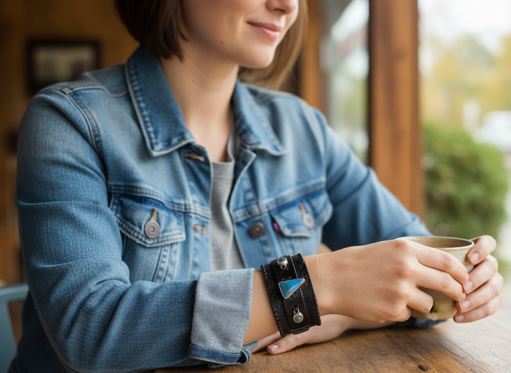Blue Agate and Chalcedony Sterling Silver and Leather Cuff