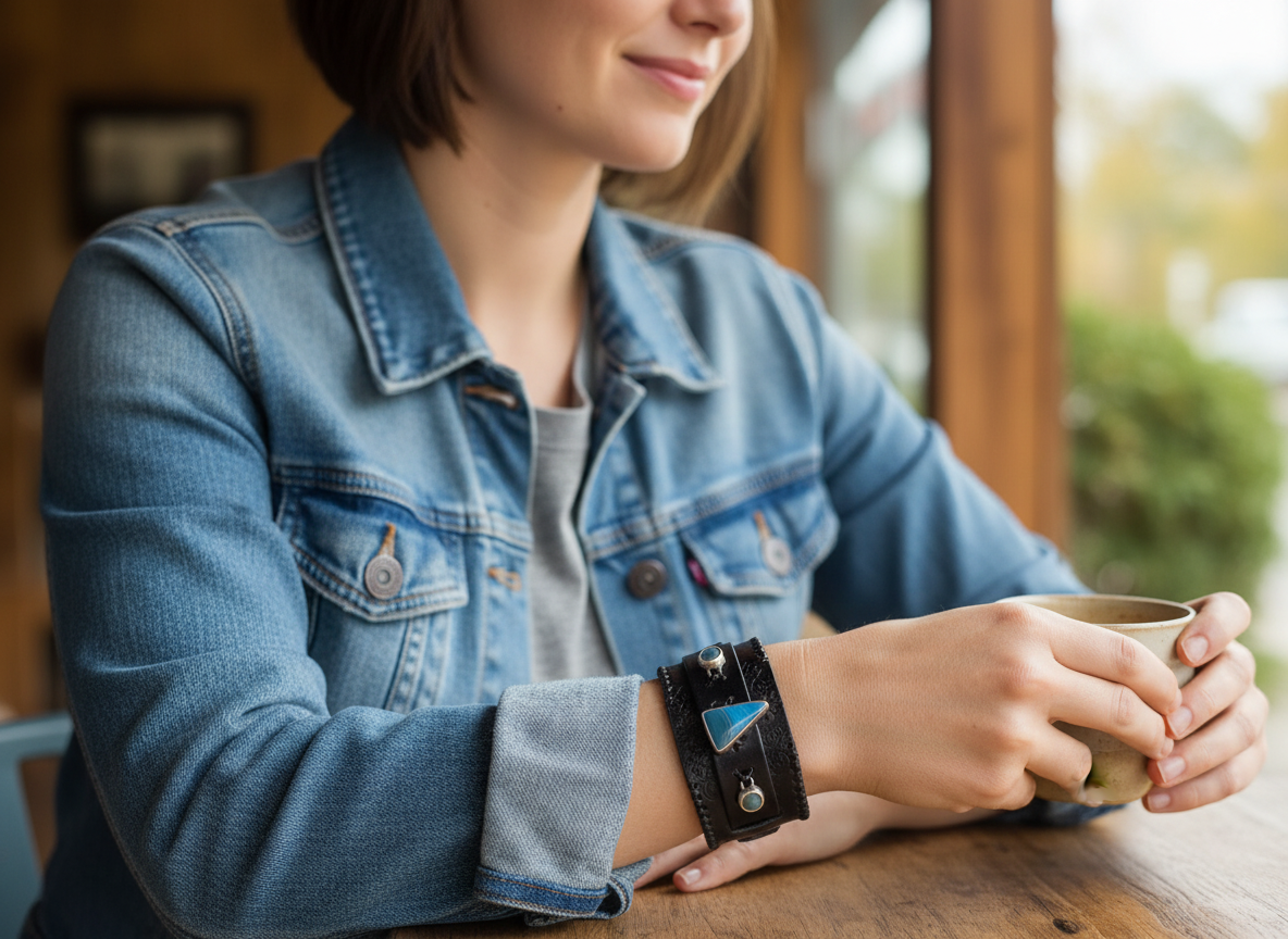 Blue Agate and Chalcedony Sterling Silver and Leather Cuff