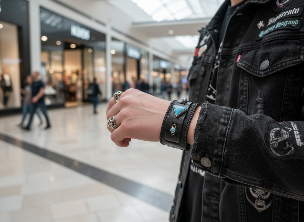 Blue Agate and Chalcedony Sterling Silver and Leather Cuff