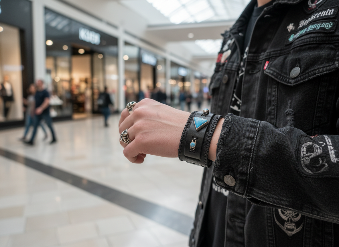 Blue Agate and Chalcedony Sterling Silver and Leather Cuff