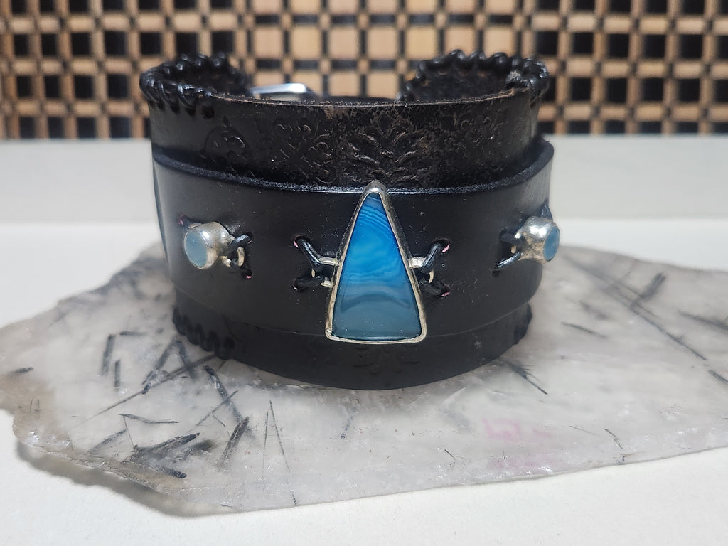 Blue Agate and Chalcedony Sterling Silver and Leather Cuff