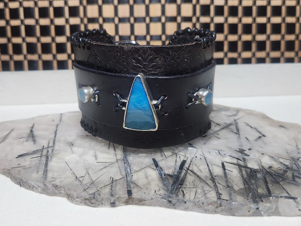 Blue Agate and Chalcedony Sterling Silver and Leather Cuff