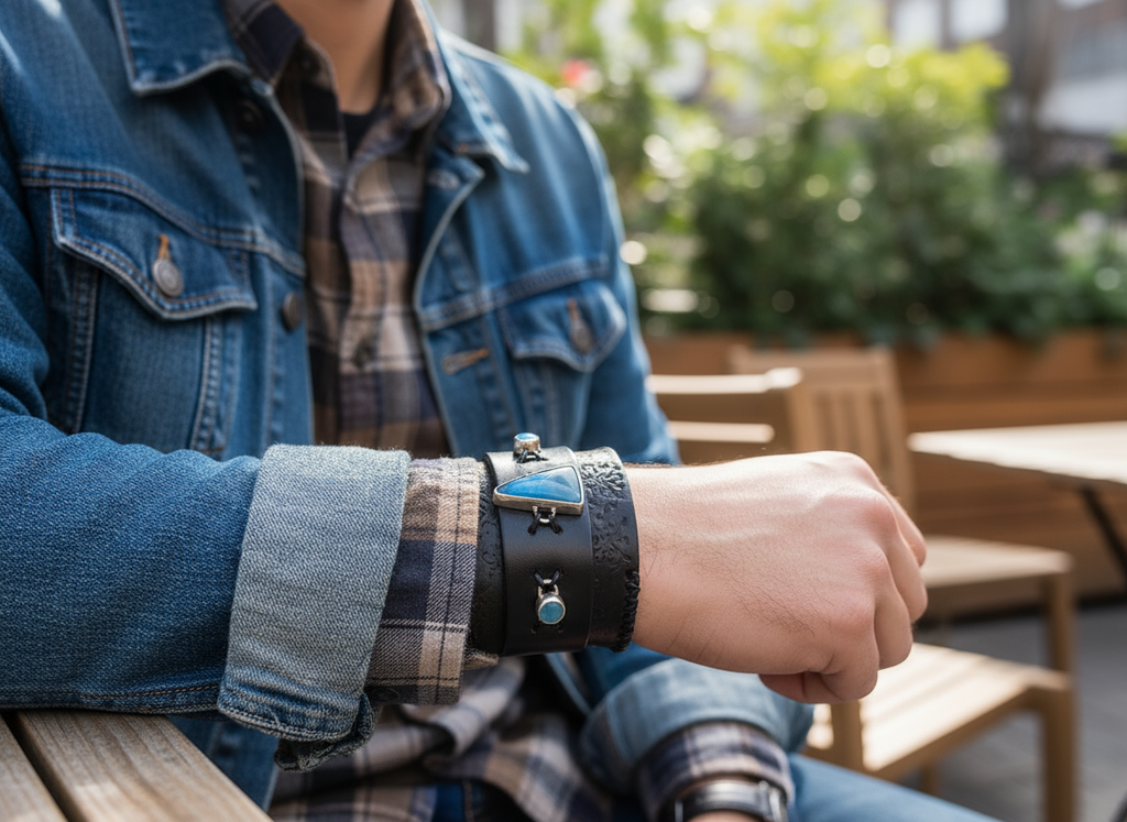 Blue Agate and Chalcedony Sterling Silver and Leather Cuff