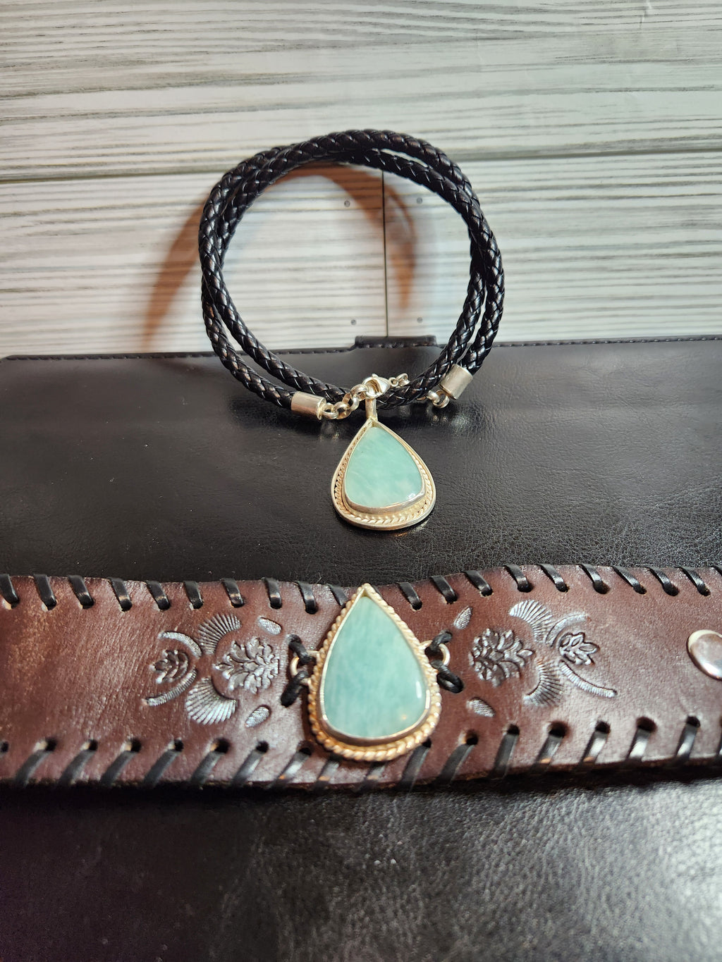 Aventurine Leather Cuff and Necklace Set