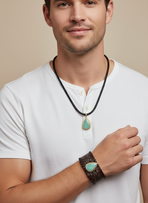 Aventurine Leather Cuff and Necklace Set
