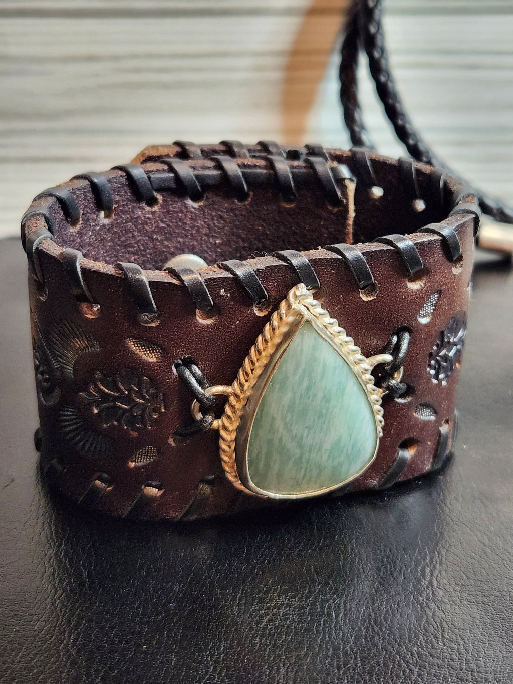 Aventurine Leather Cuff and Necklace Set