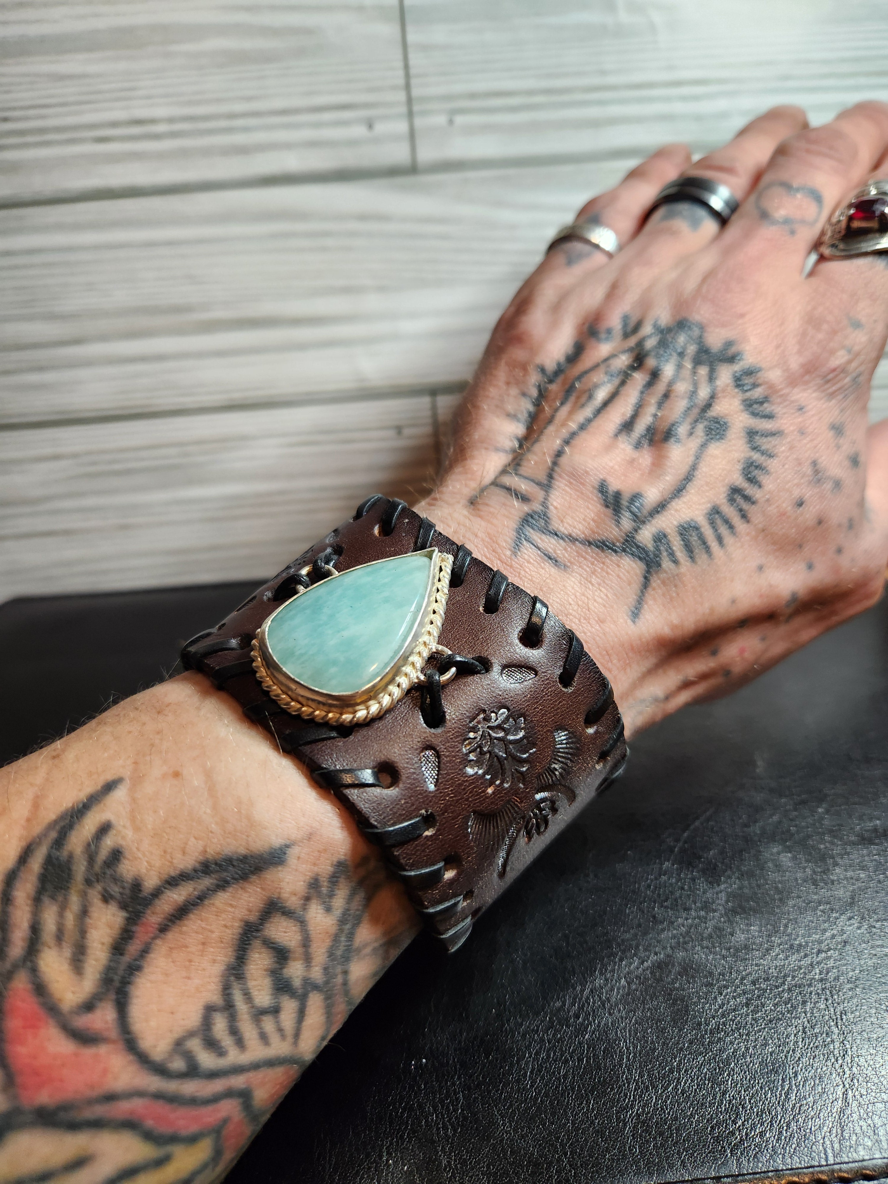 Aventurine Leather Cuff and Necklace Set