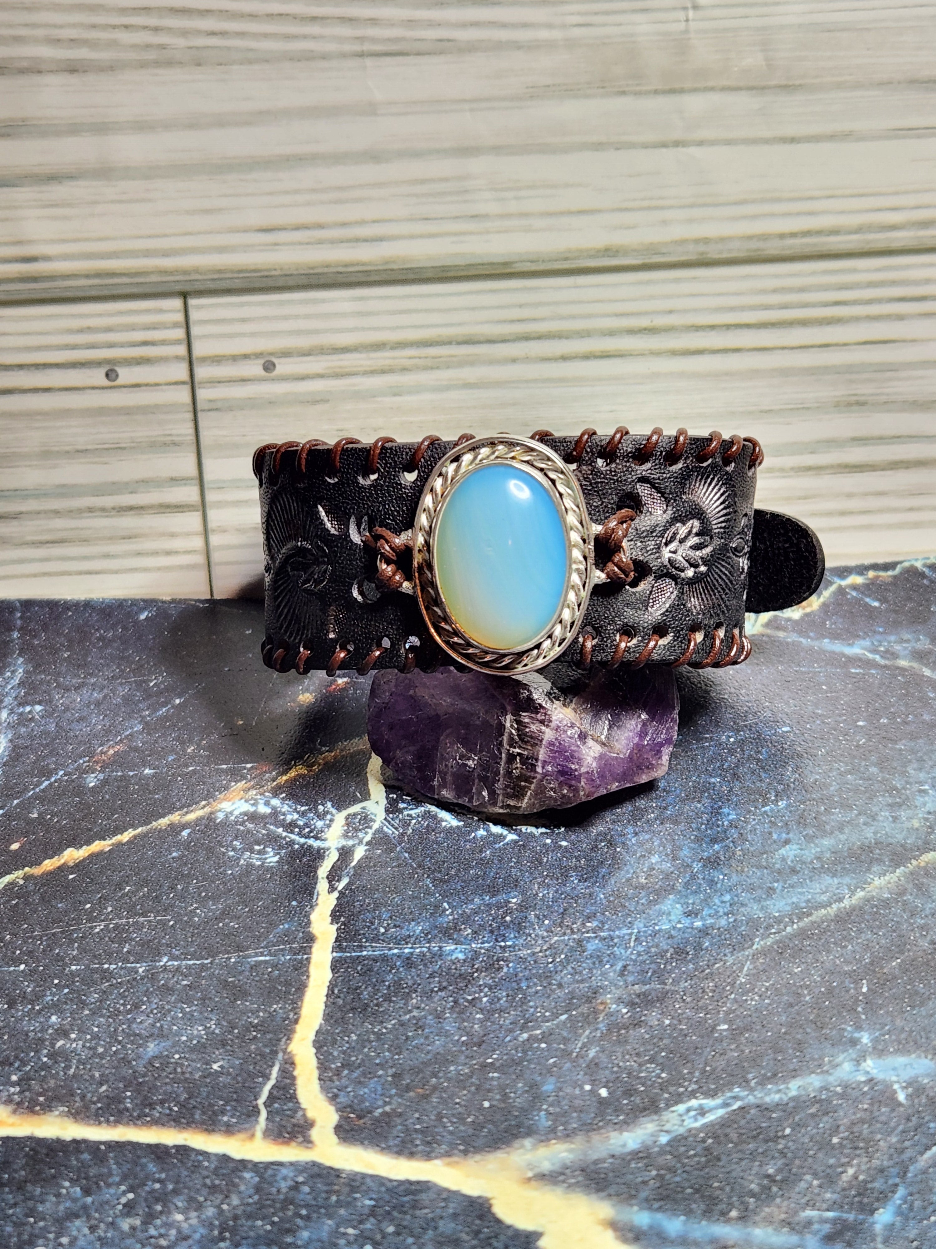 Sterling Silver And Leather Opalite Cuff