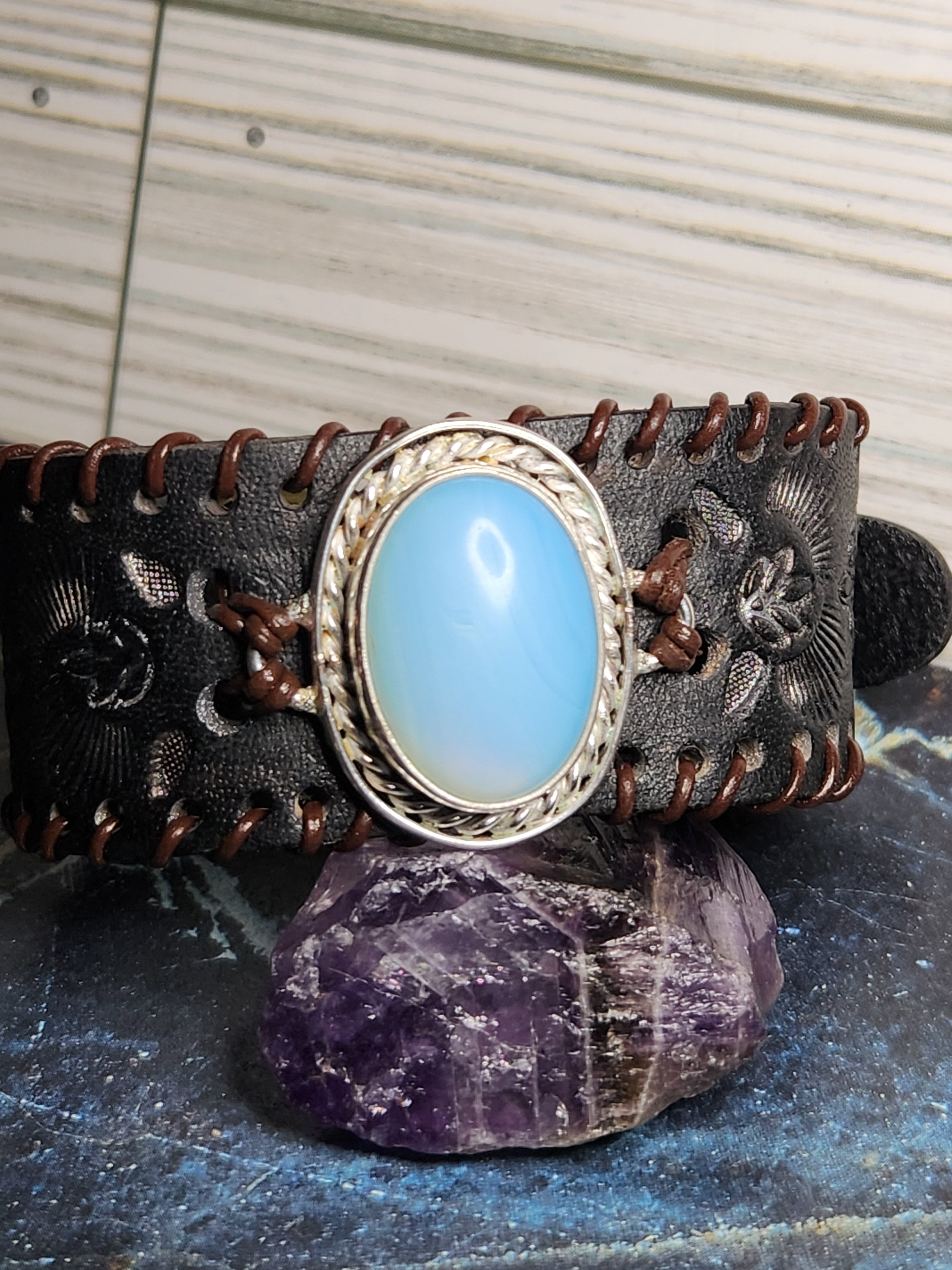 Sterling Silver And Leather Opalite Cuff