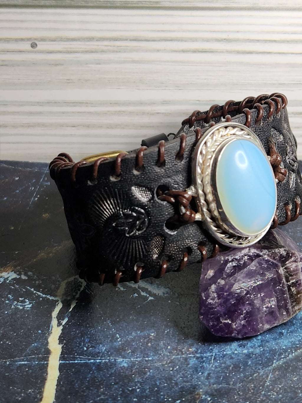 Sterling Silver And Leather Opalite Cuff