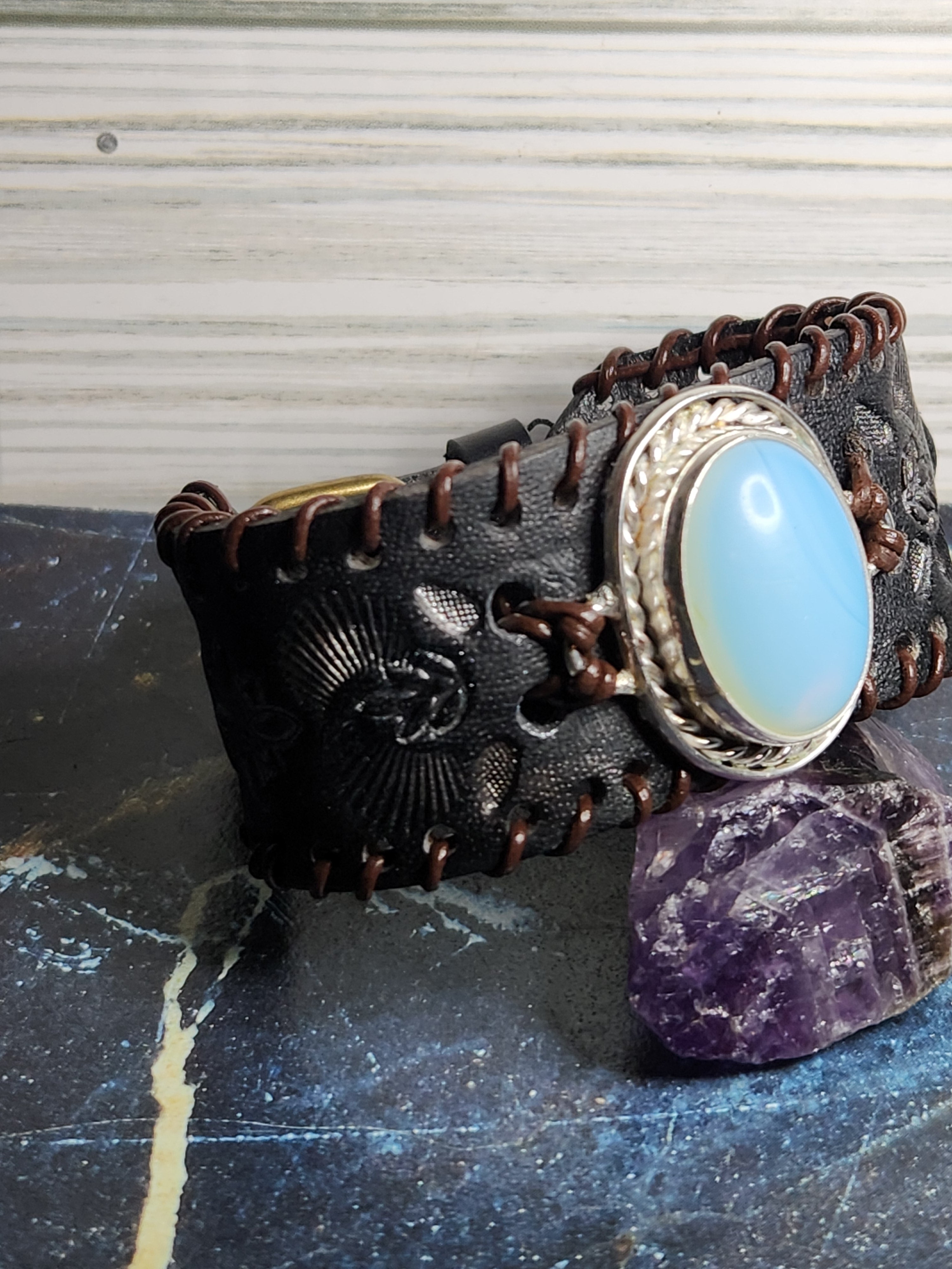 Sterling Silver And Leather Opalite Cuff