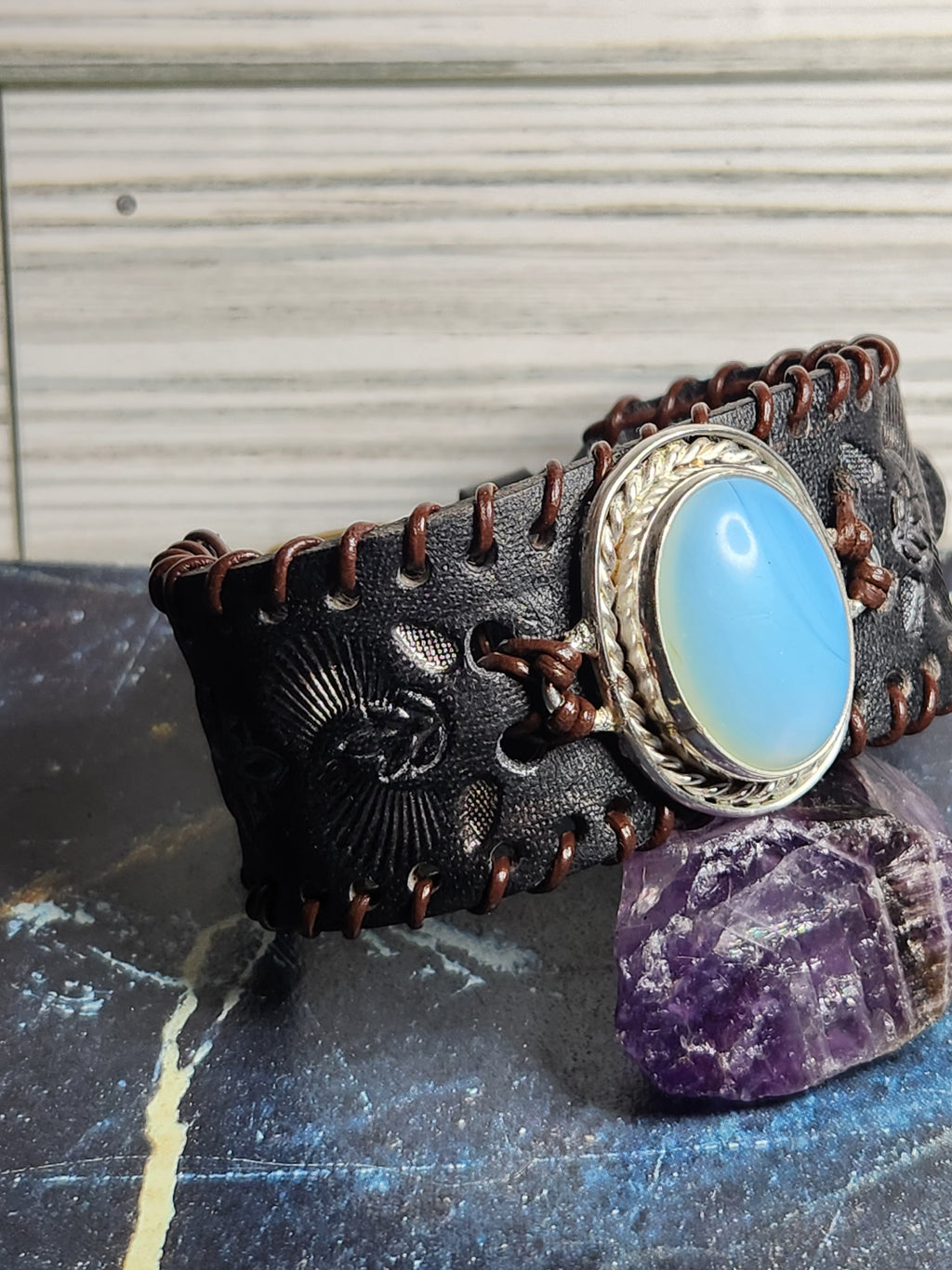 Sterling Silver And Leather Opalite Cuff