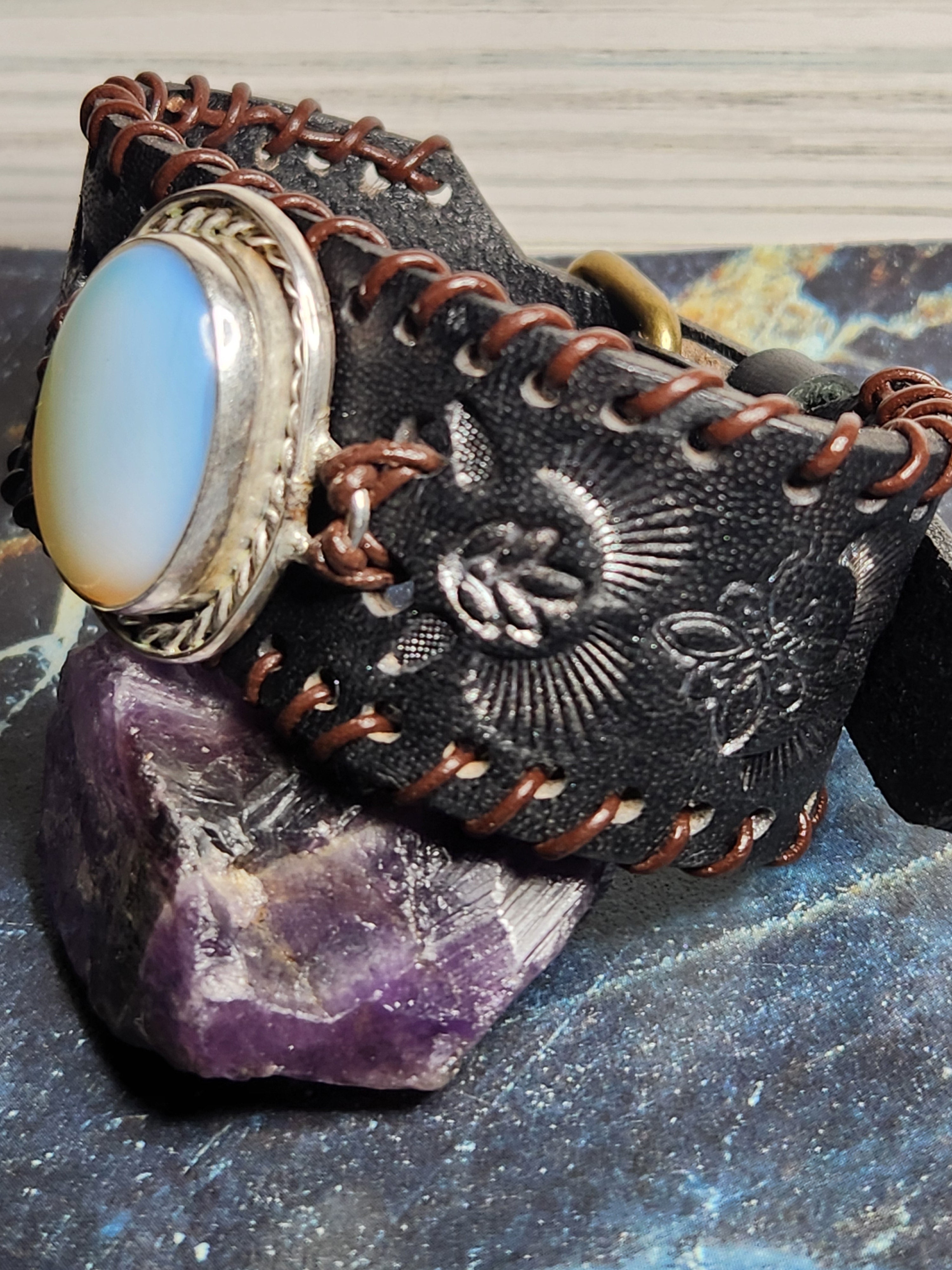 Sterling Silver And Leather Opalite Cuff