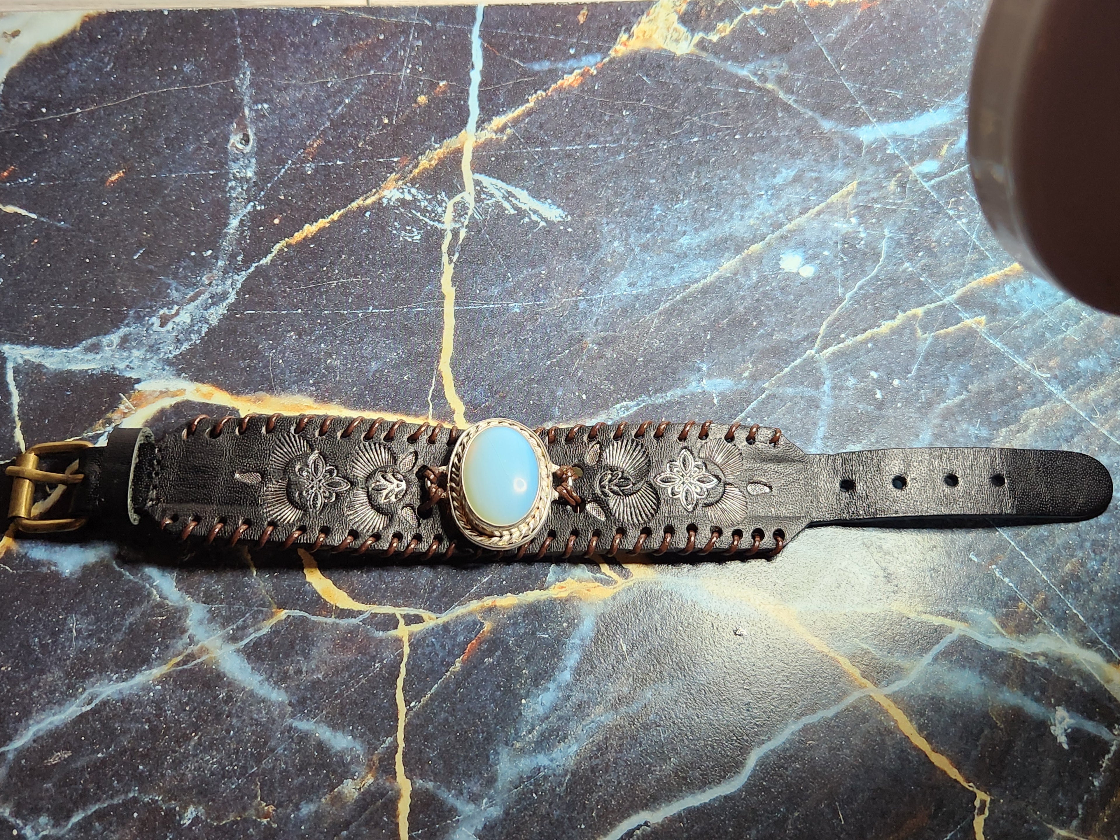 Sterling Silver And Leather Opalite Cuff