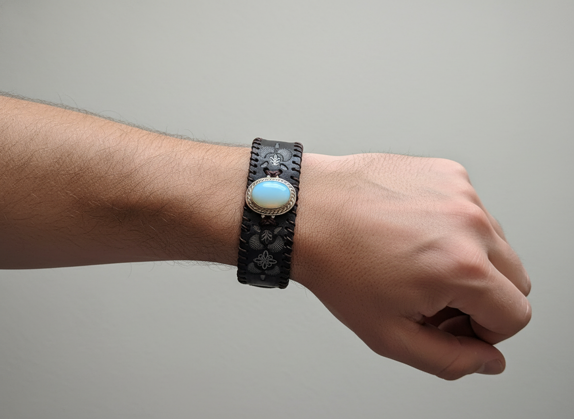 Sterling Silver And Leather Opalite Cuff