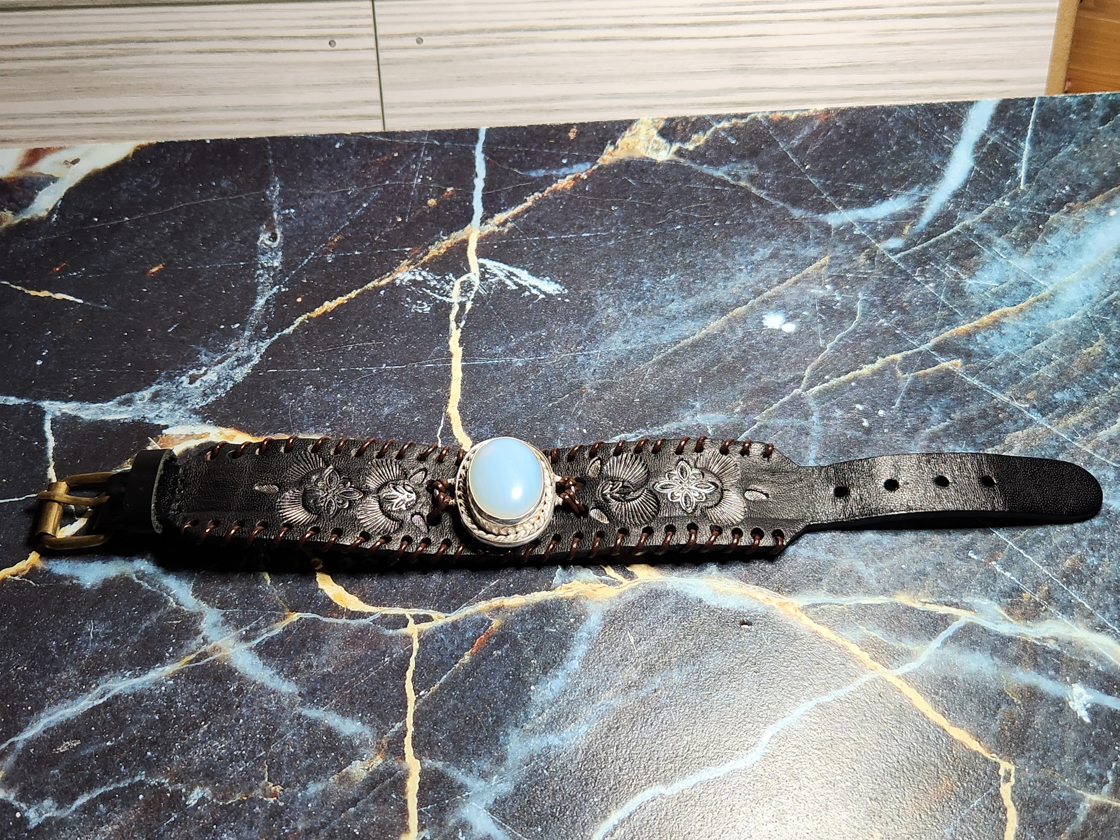 Sterling Silver And Leather Opalite Cuff