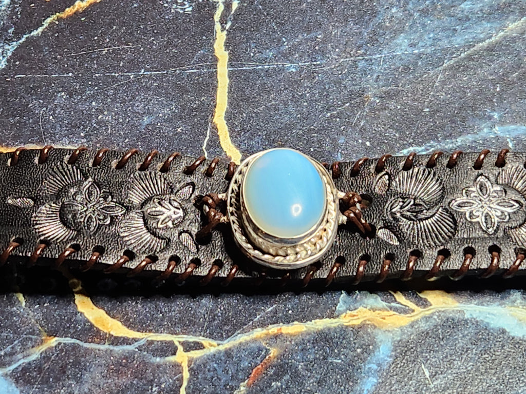 Sterling Silver And Leather Opalite Cuff