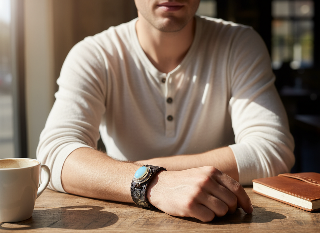 Sterling Silver And Leather Opalite Cuff