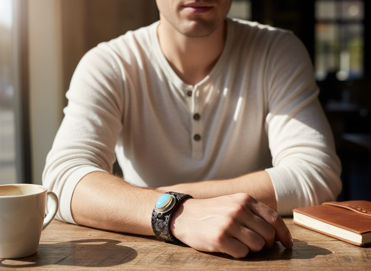 Sterling Silver And Leather Opalite Cuff
