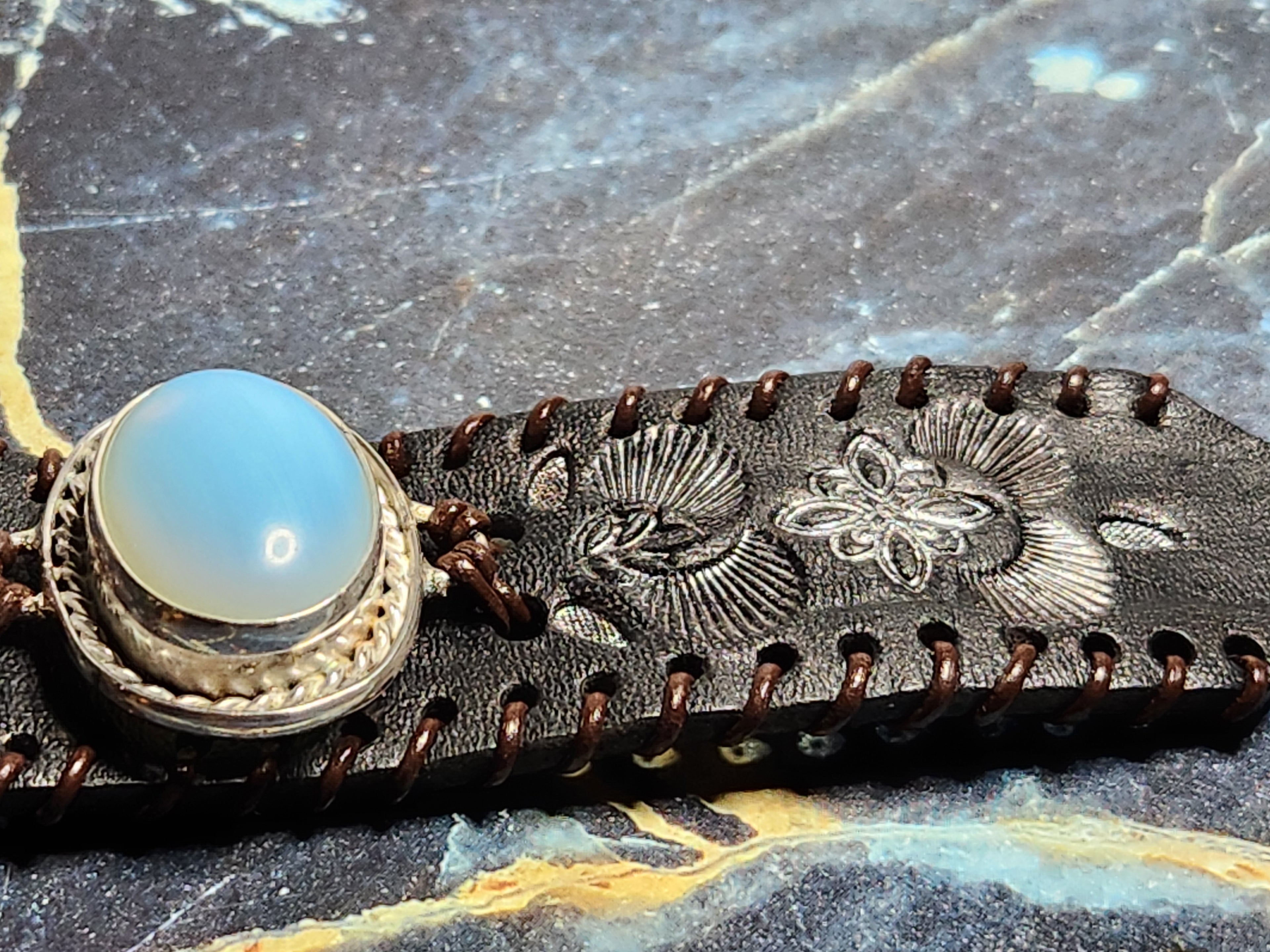 Sterling Silver And Leather Opalite Cuff