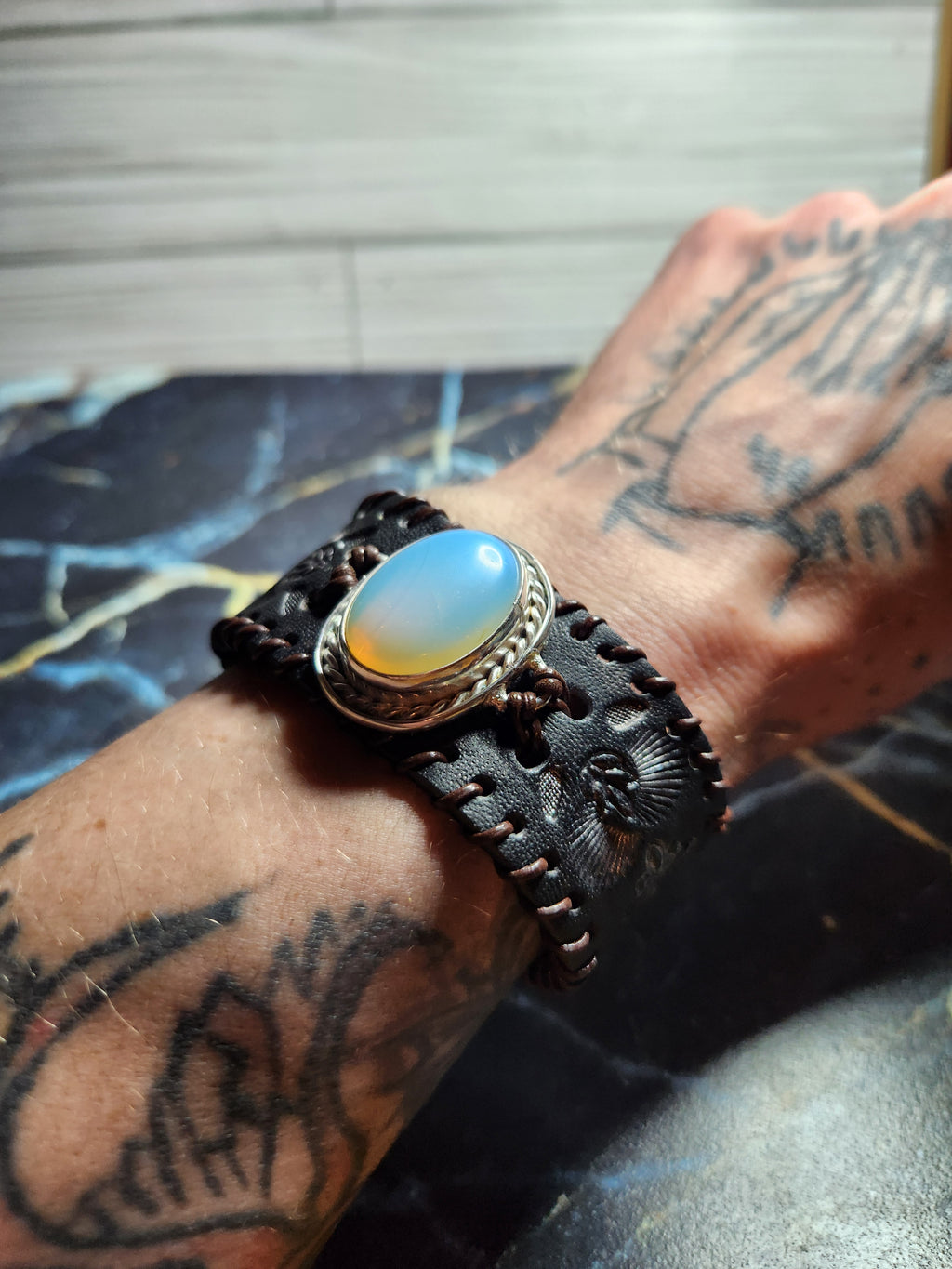 Sterling Silver And Leather Opalite Cuff