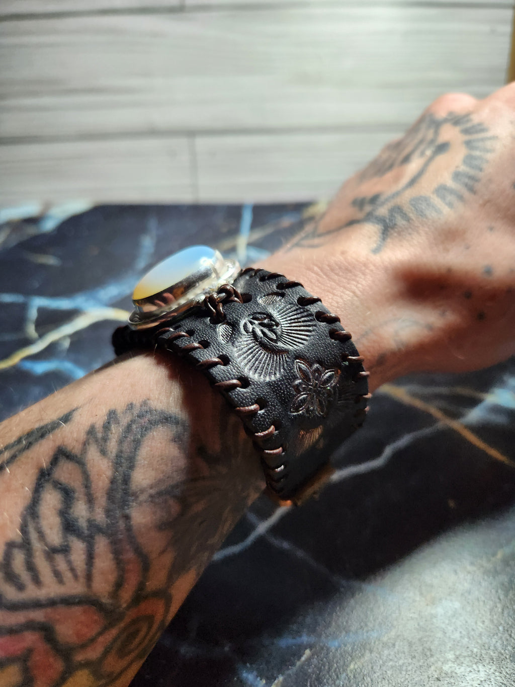 Sterling Silver And Leather Opalite Cuff