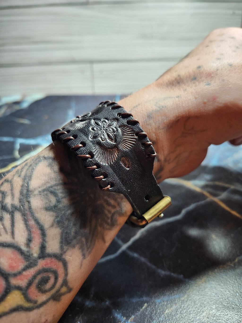 Sterling Silver And Leather Opalite Cuff