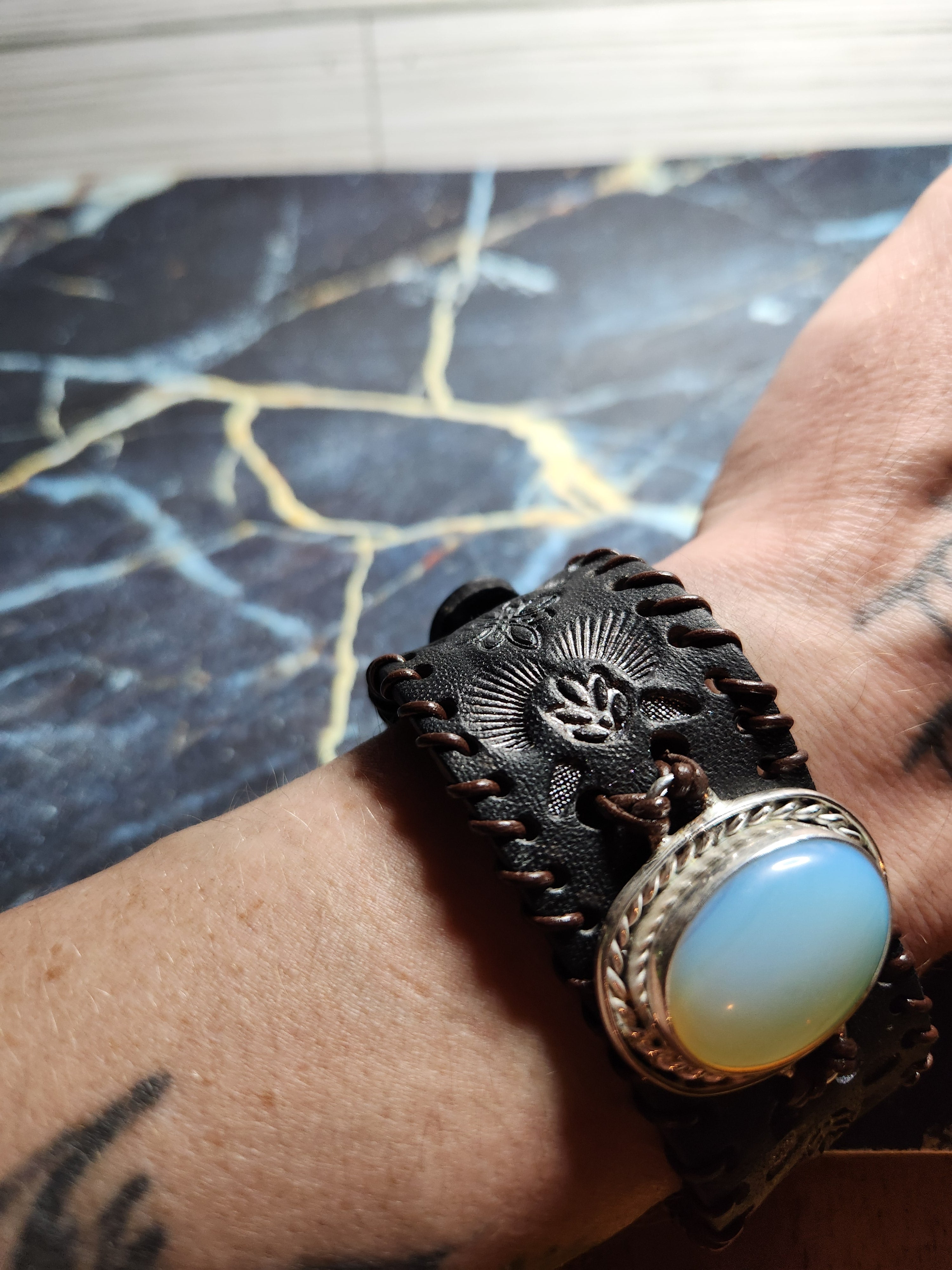 Sterling Silver And Leather Opalite Cuff