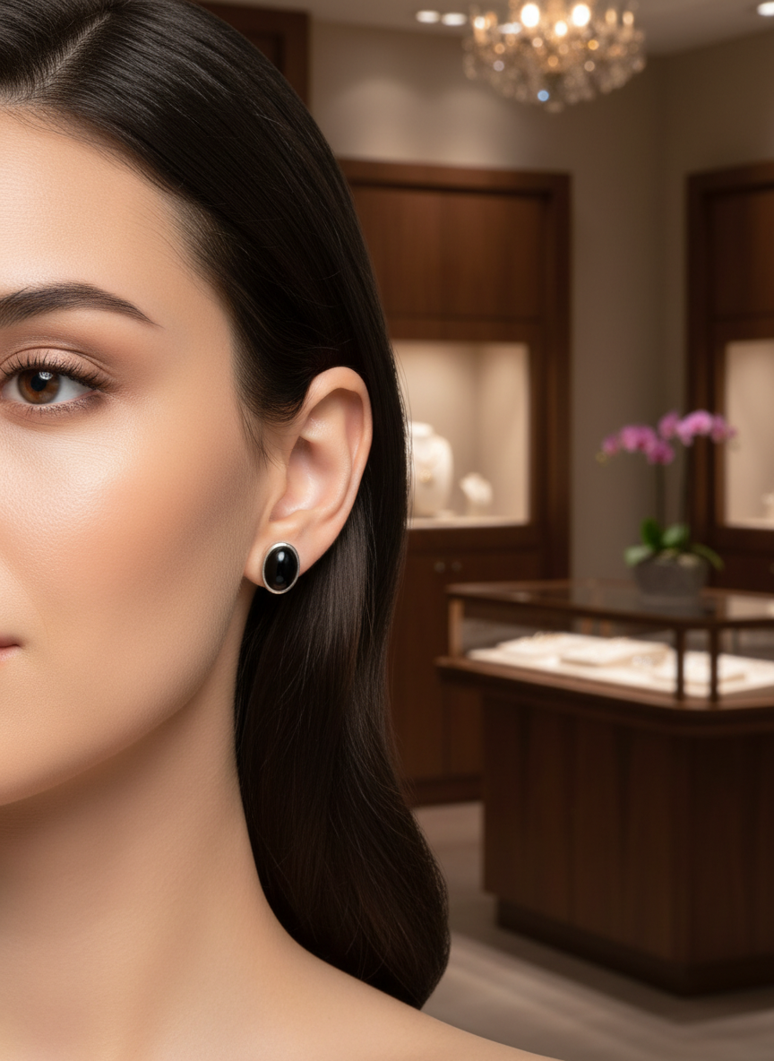 Oval Black Onyx Sterling Studs