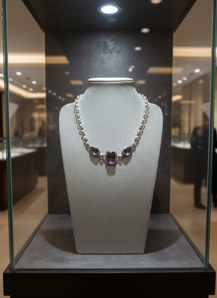 Amethyst Three Stone Sterling Silver Necklace