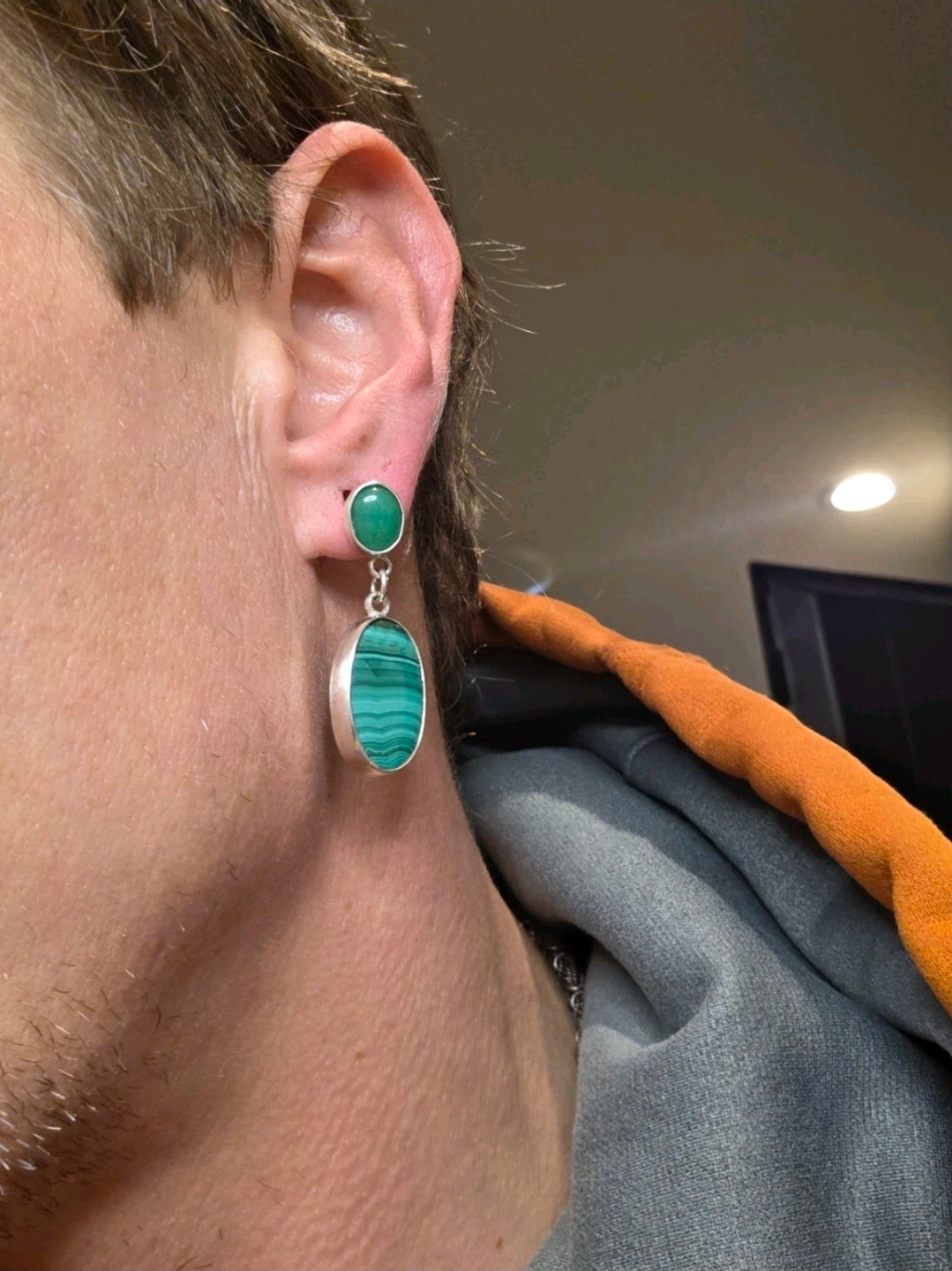 Malachite And Jadeite Sterling Silver Dangle Earrings