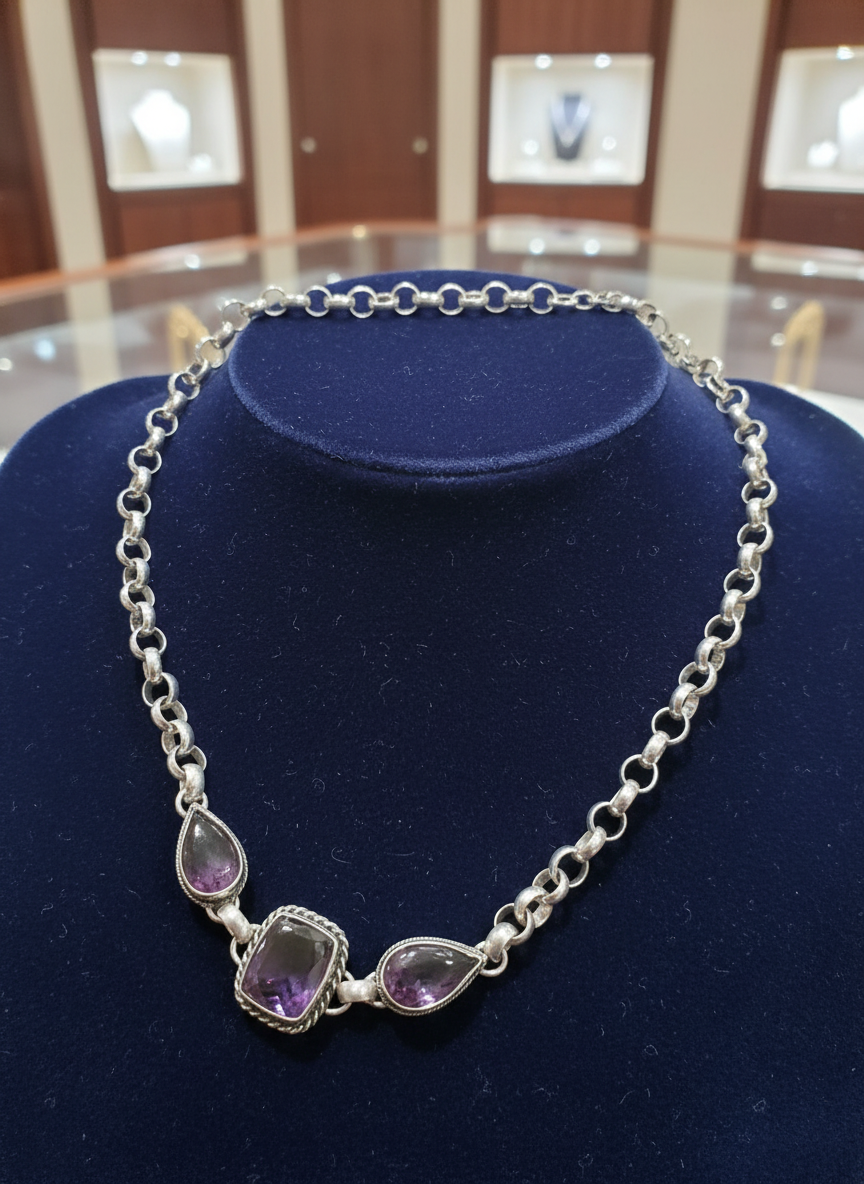 Amethyst Three Stone Sterling Silver Necklace